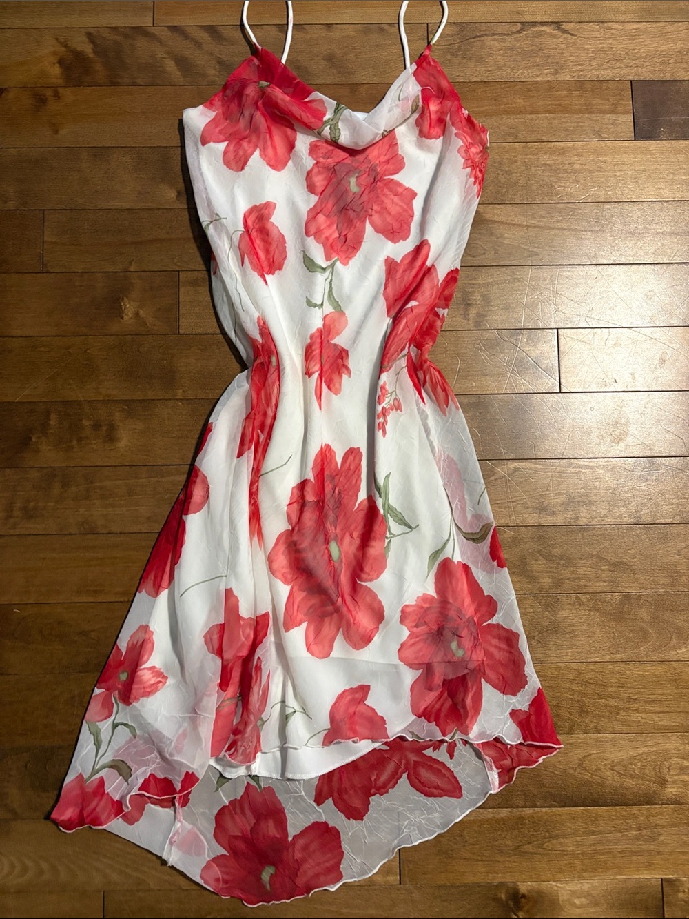 White Spaghetti-Strap Sundress with Red Floral Print
